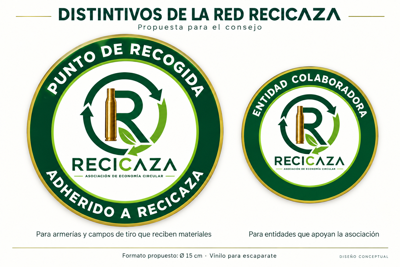 Distintivo original con el texto Punto de recogida adherido a Recicaza y el emblema de la asociación.